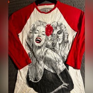 Red and White Graphic Long Sleeve Shirt